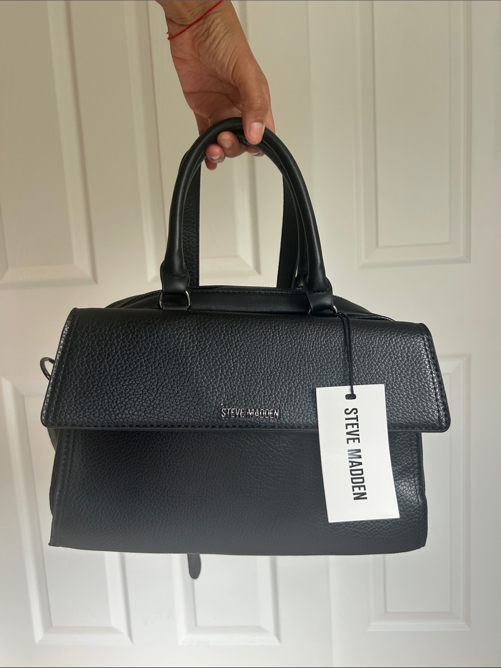 NWT Steve Madden Black Pebbled Leather Structured Satchel w Top Handles & Strap